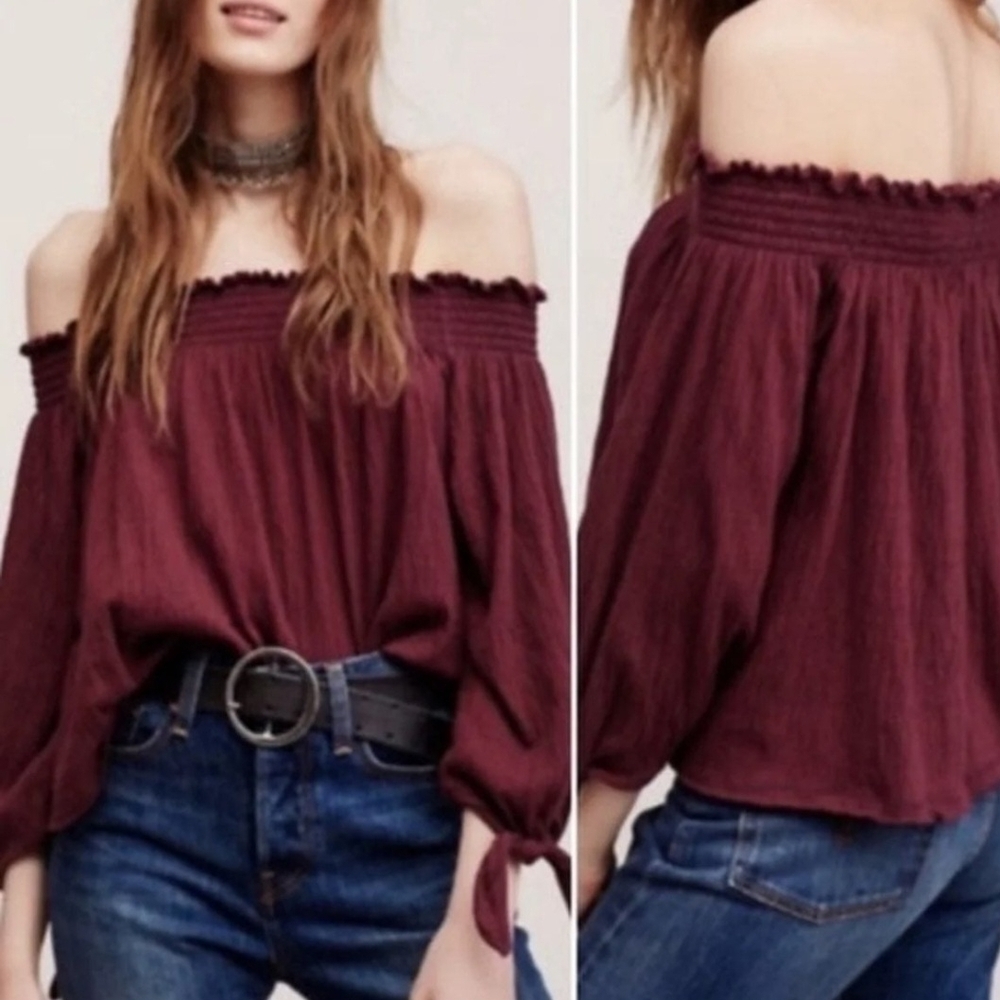 Iconic Free People We The Free Lexington Off The Shoulder Top - S XS - Burgundy